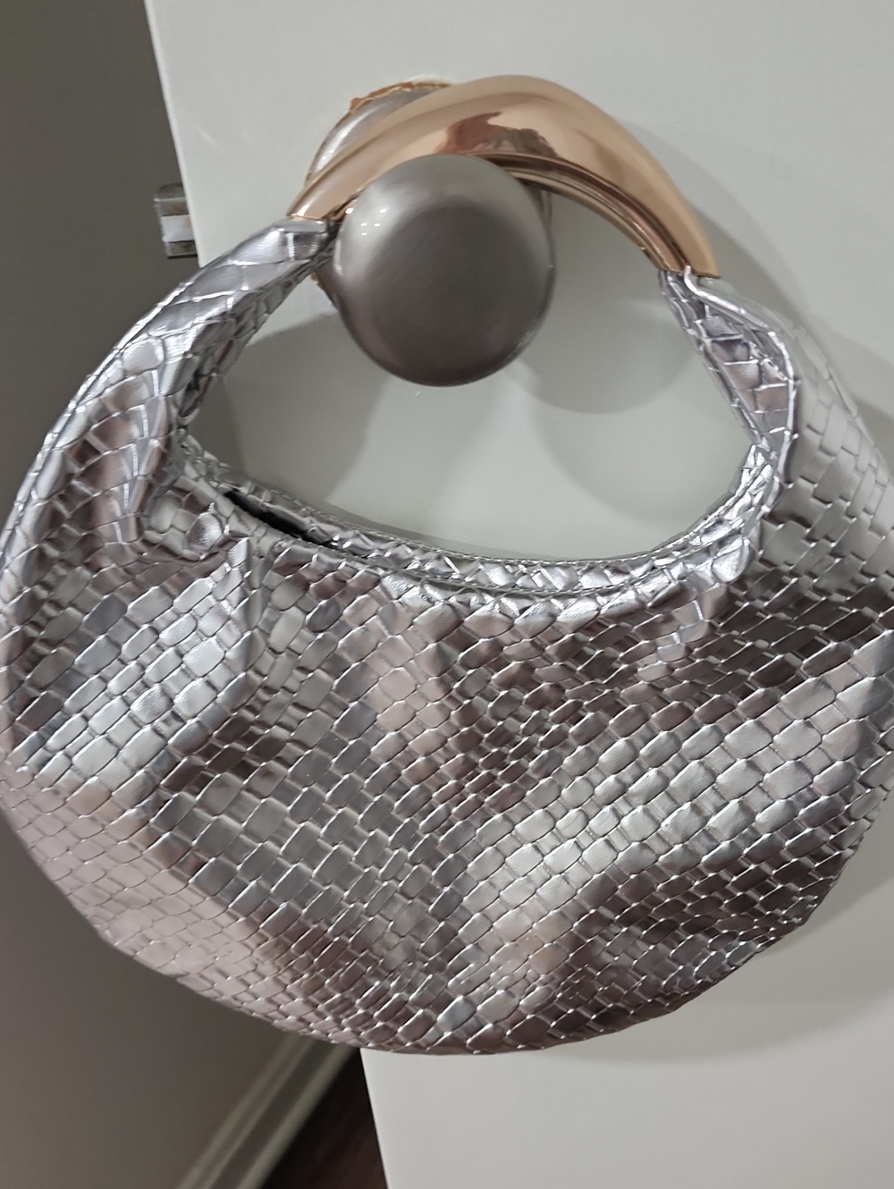 Woven Metallic Hobo Bag in Silver